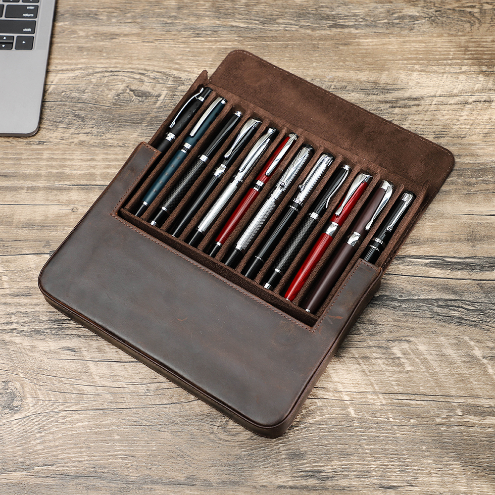 Pen Pouch Roll - Luxury Genuine Leather 12 Slots Fountain