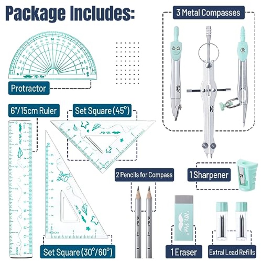 Geometry Set, 13 pcs, 3 Metal  – Compass Geometry Set Bewertung und Preis